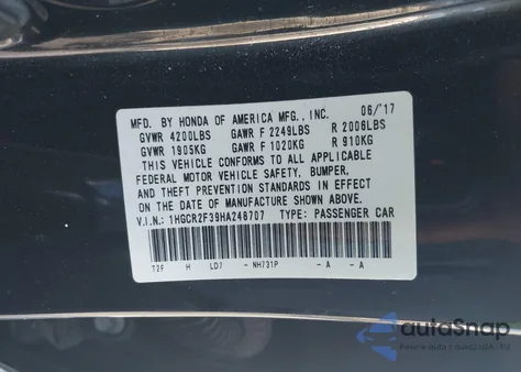 2017 Honda Accord Lx z USA, uszkodzony, nr VIN 1HGCR2F39HA248707